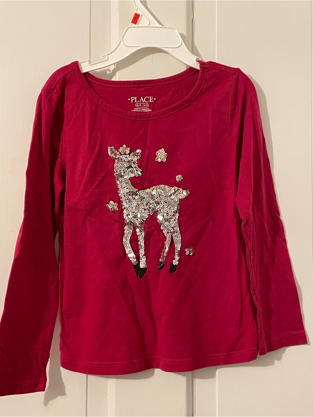 Place Girls' Bright Pink Long-Sleeve Top with Silver Sequin Deer 5T